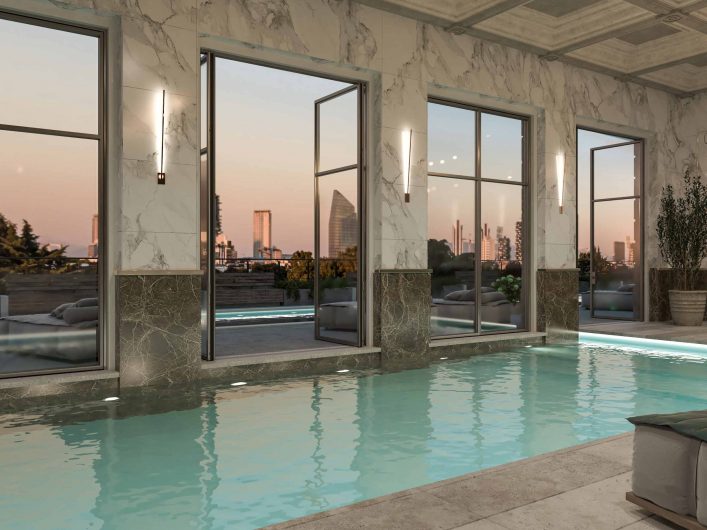 View of an indoor pool with Skyline Metal double-leaf pivot windows