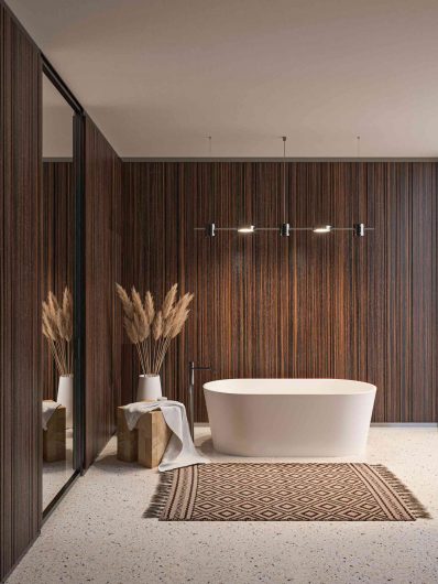 View of a bathroom with smooth rosewood paneling