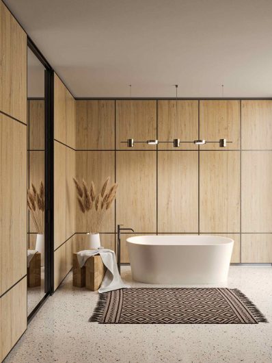 Bathroom with wood paneled boiserie
